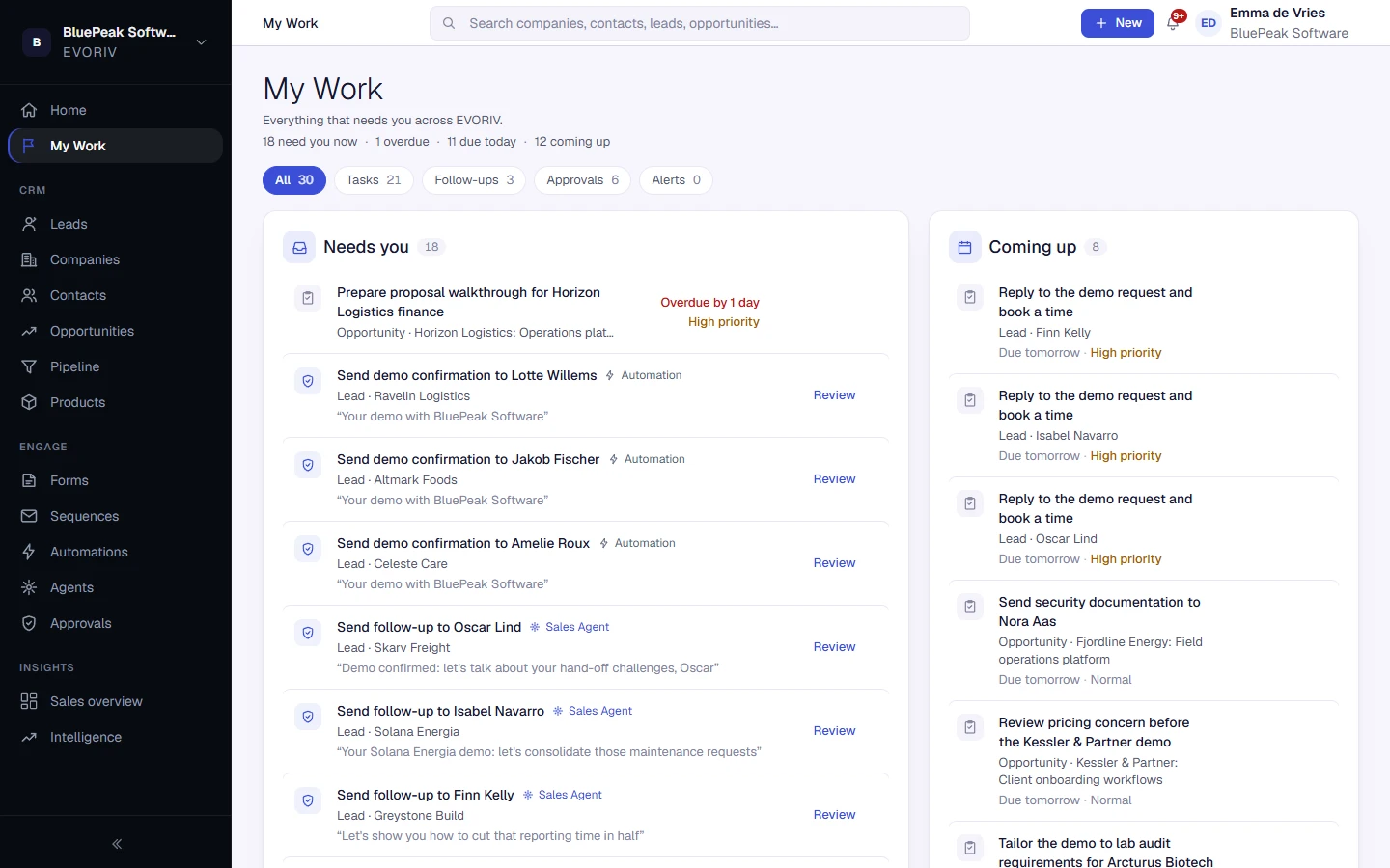 EVORIV My Work: approvals, follow-ups and tasks that need this person today, and what is coming up.