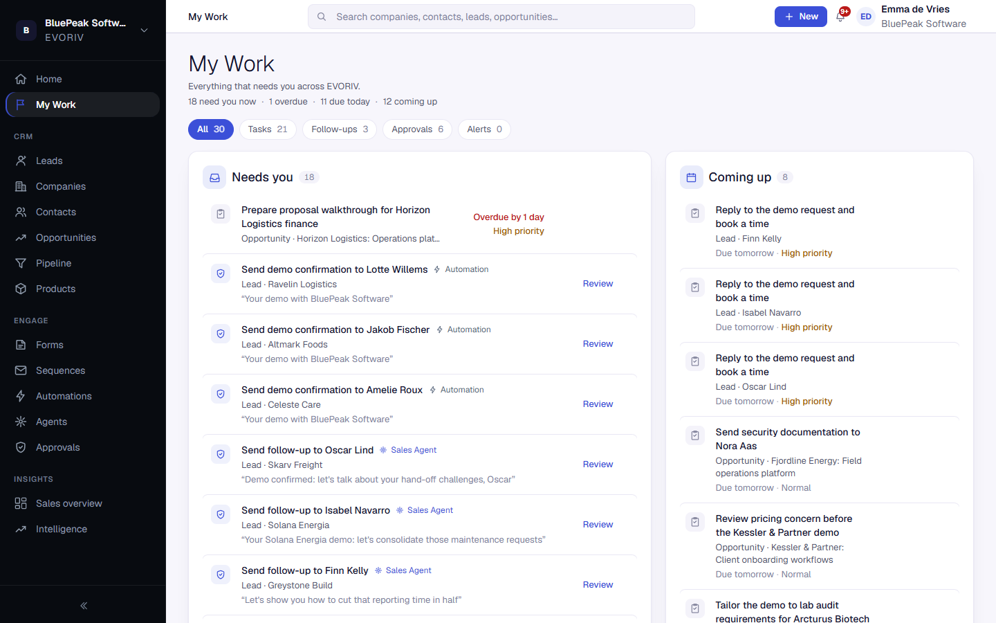 My Work with the Needs you section listing overdue and due-today tasks and approvals waiting for review.