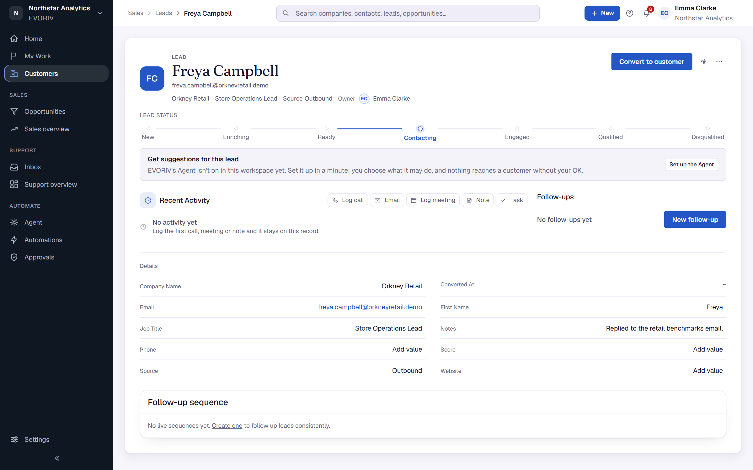 A lead record with its status bar, details, activity history and tasks.