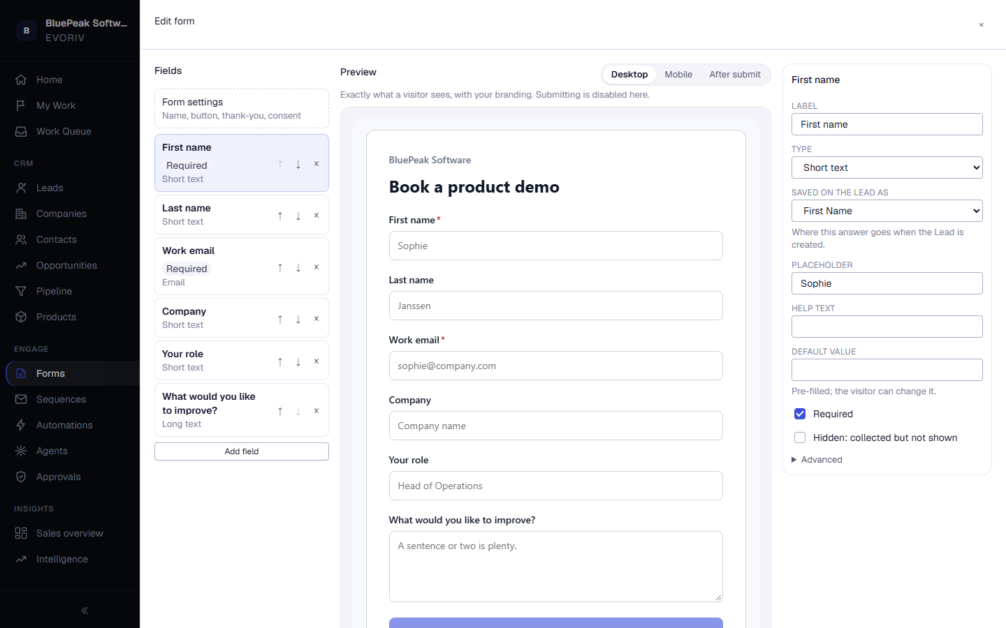 The form editor with its fields on the left and a live preview on the right.