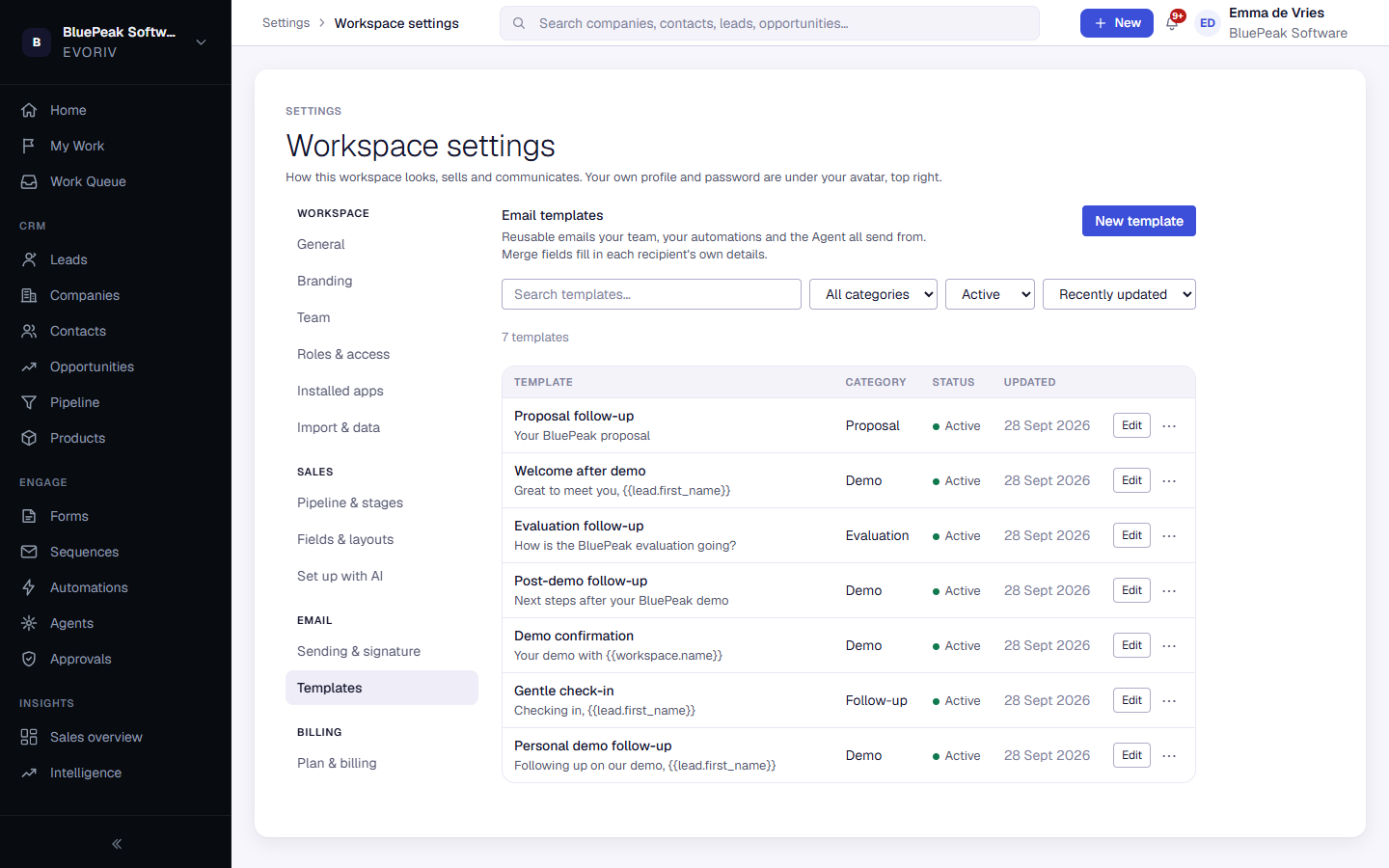 The email template library with categories, status and a search box.