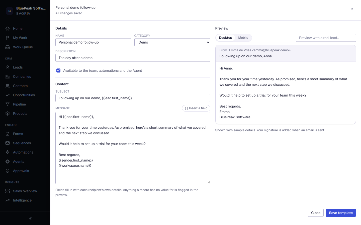 The template editor with the message, merge fields panel and a live preview filled in with a real lead's details.