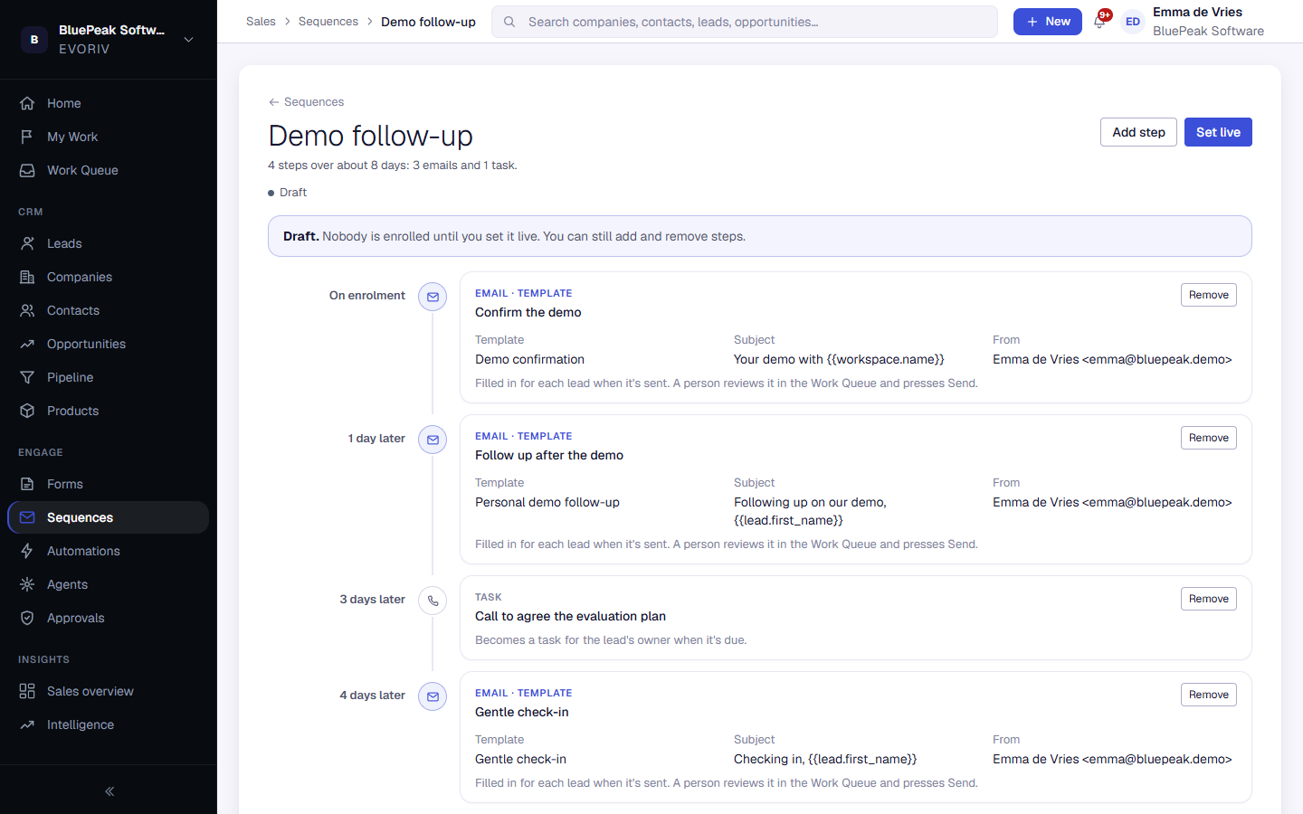 The Demo follow-up sequence with its email and task steps and their timing.
