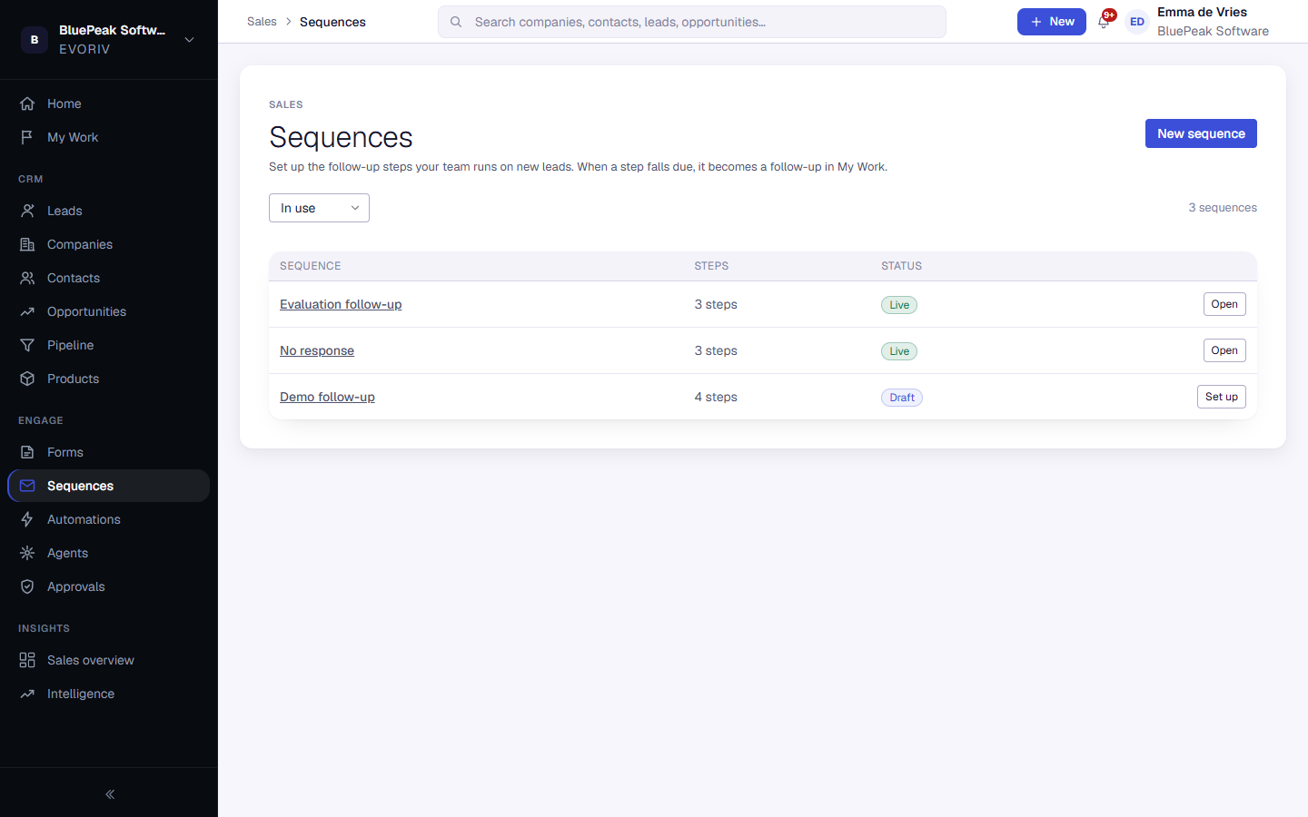 The Sequences list showing live and draft sequences.