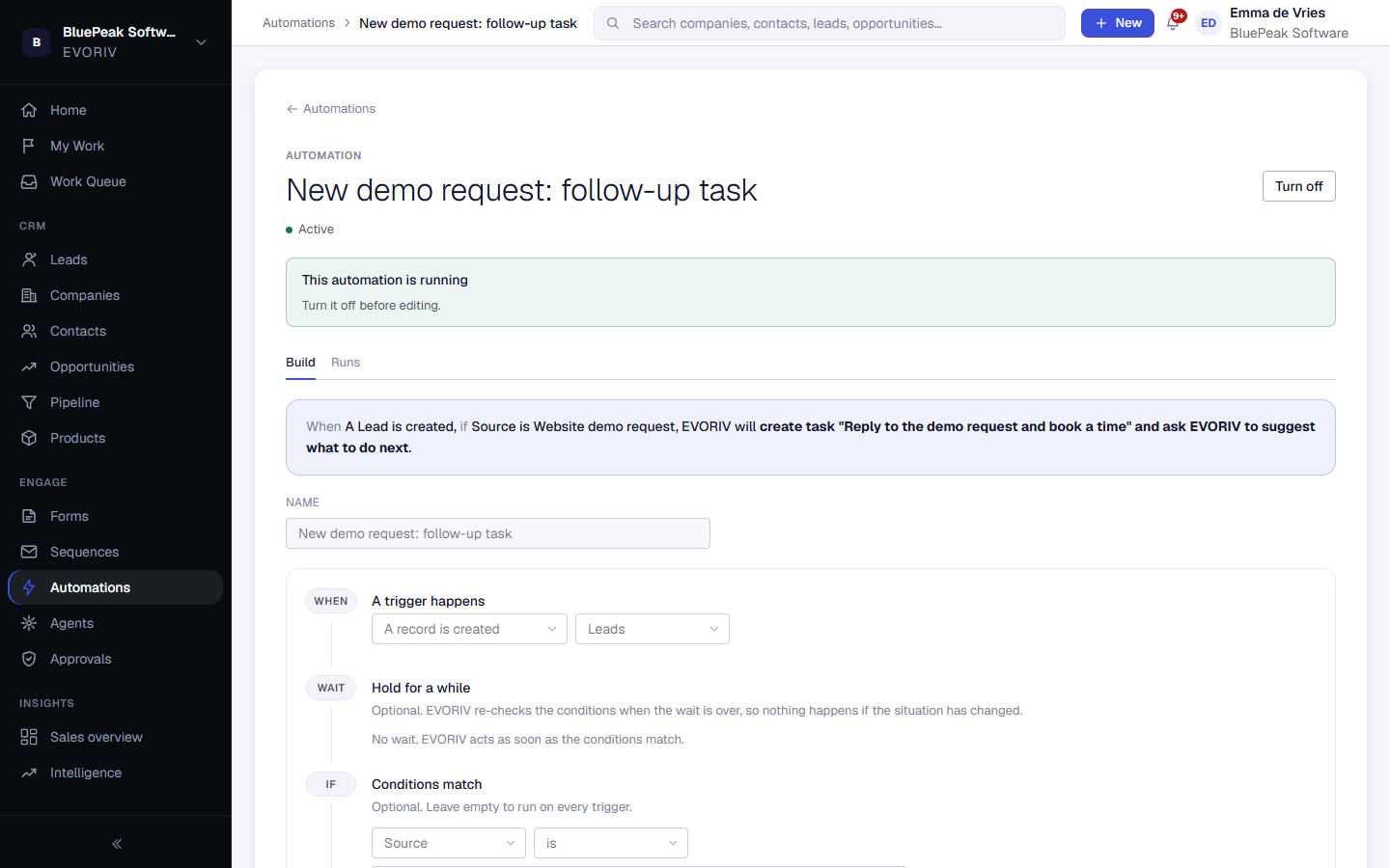 An automation that creates a follow-up task and asks EVORIV to review each new website demo request.