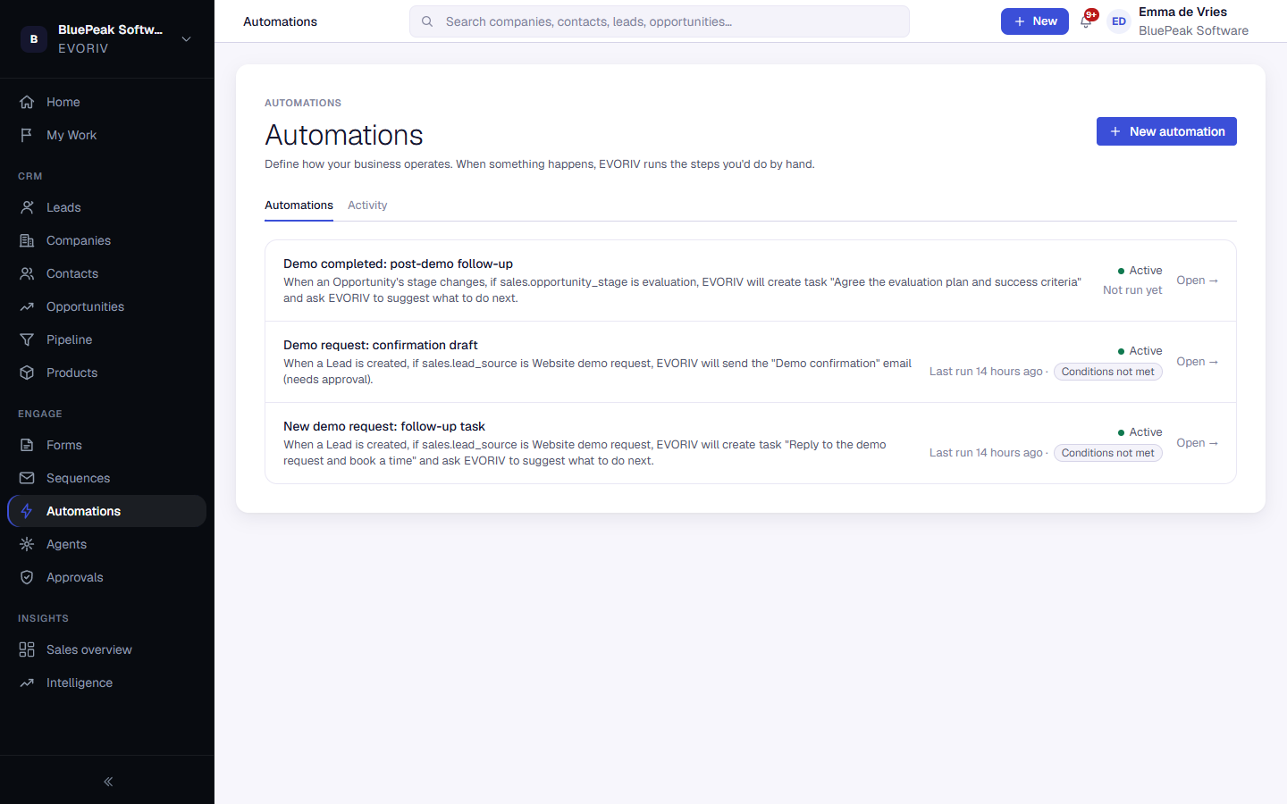 The Automations list with each automation's trigger and status.
