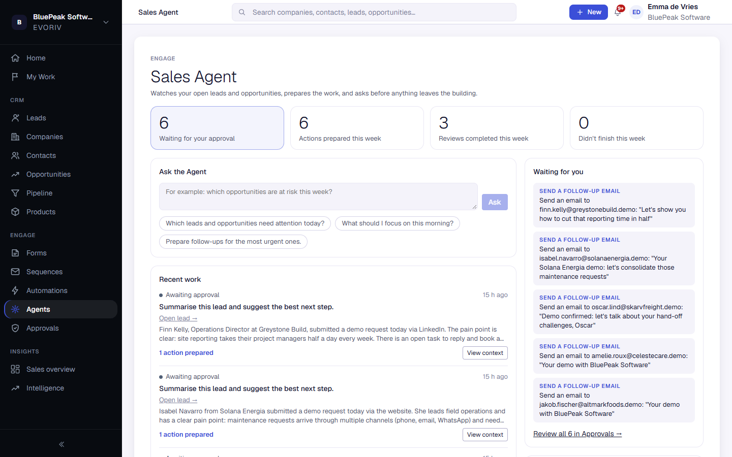 The Sales Agent page with its recent work, what is waiting for approval and a context summary.