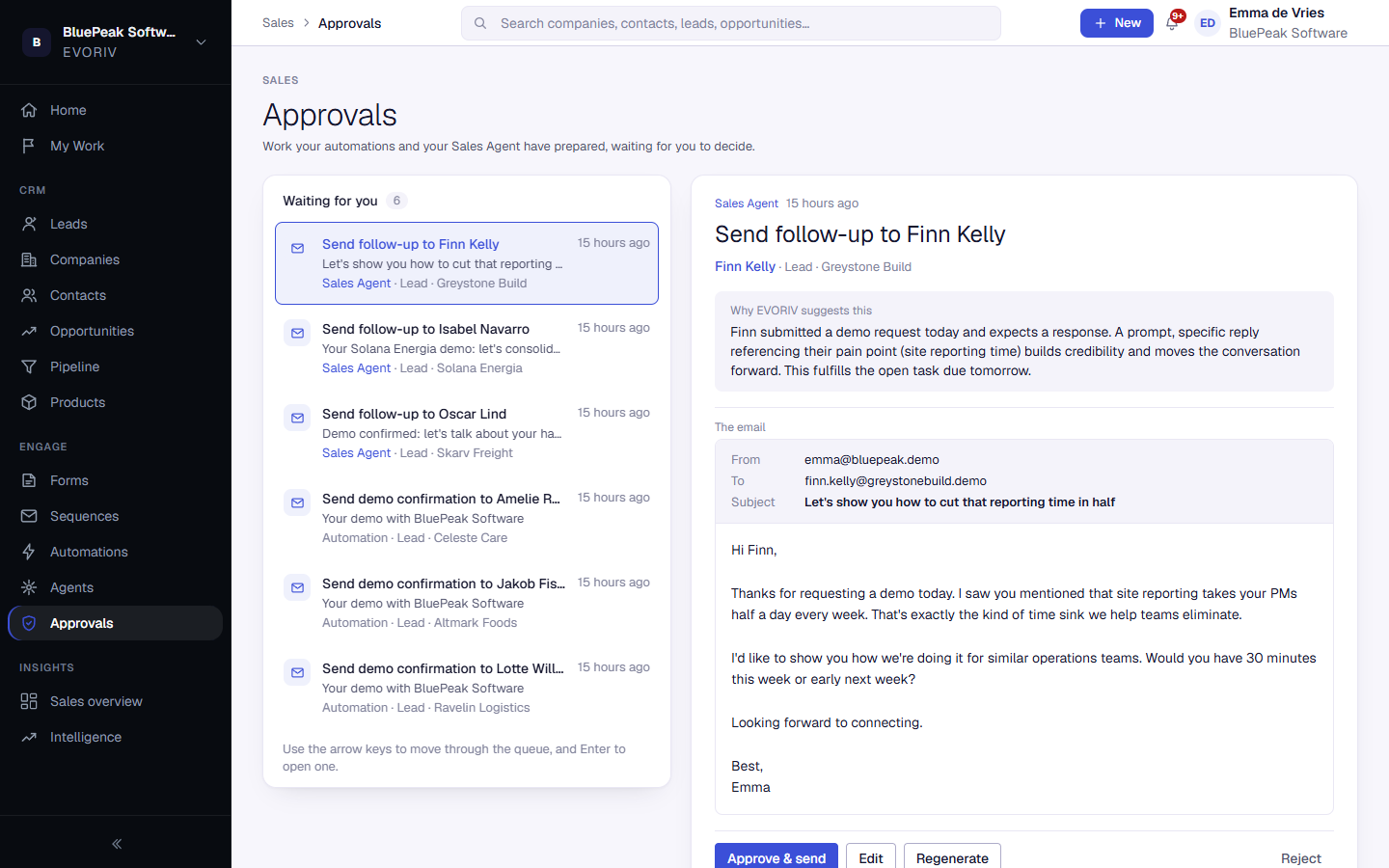 An approval showing the recipient, sender, subject and message of a prepared email, with why it needs attention.