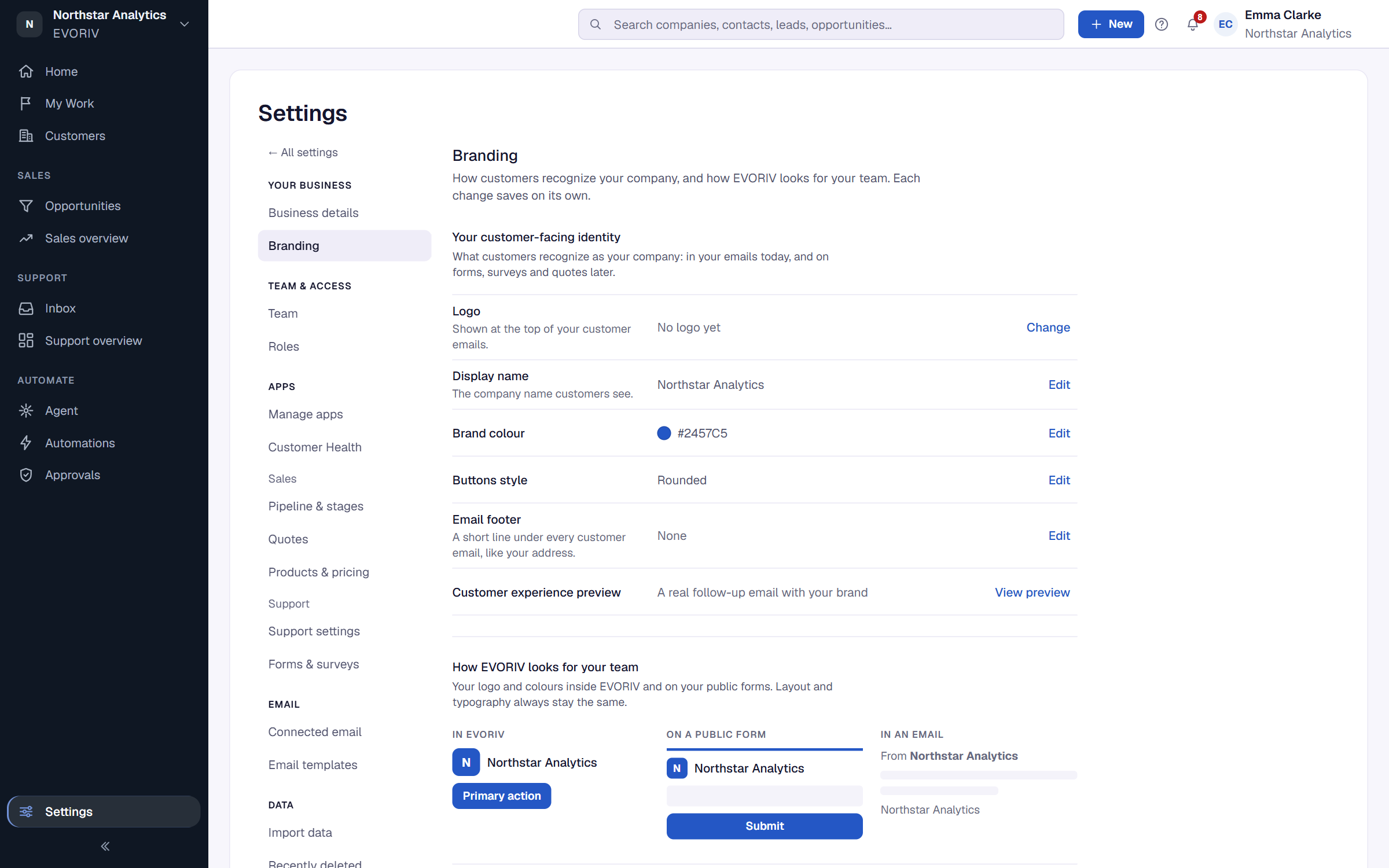 Branding settings with the logo link, brand colour and theme options.