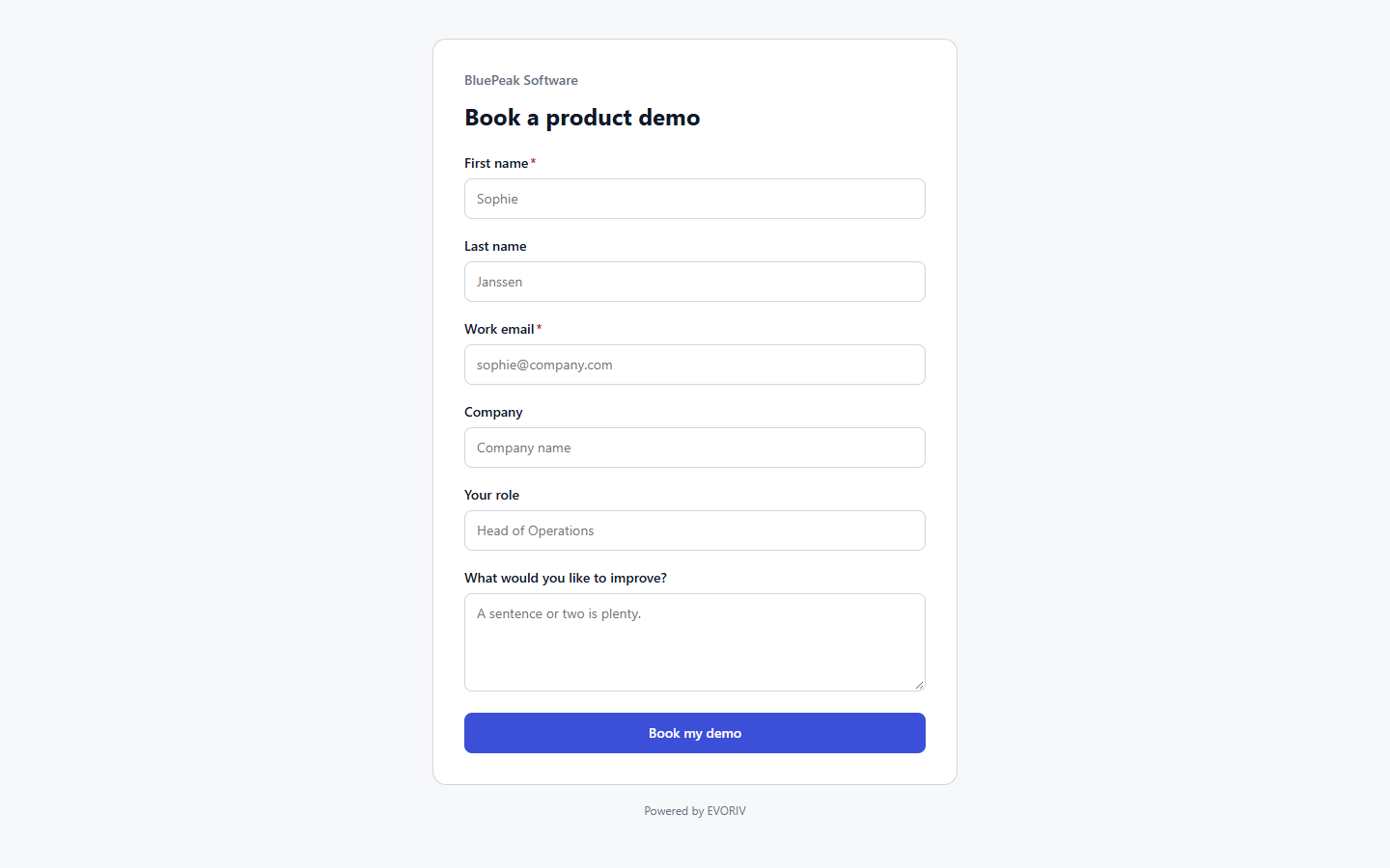 The published BluePeak Software demo request form as a visitor sees it.