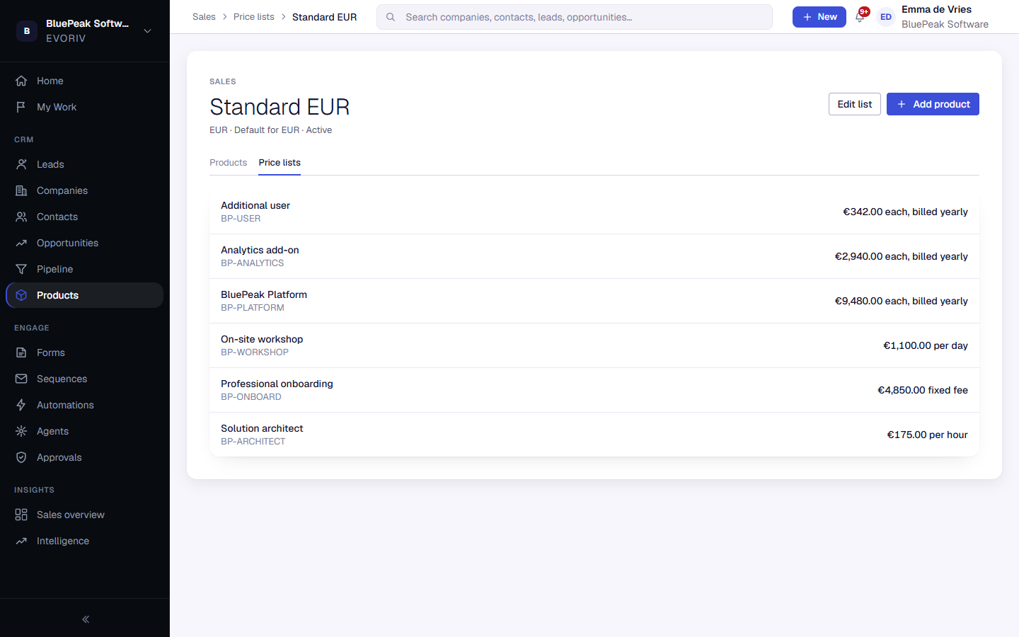 The Standard EUR price list with products priced each and billed yearly, per hour, per day and as a fixed fee.