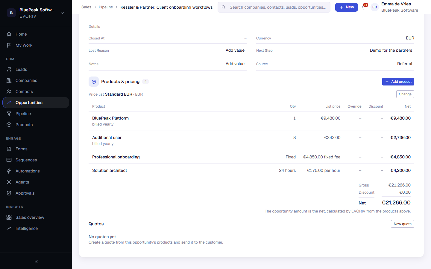 Products & pricing on an opportunity: products with their quantity, list price and net, including hours of solution architecture and a fixed onboarding fee, with the gross, discount and net totals.