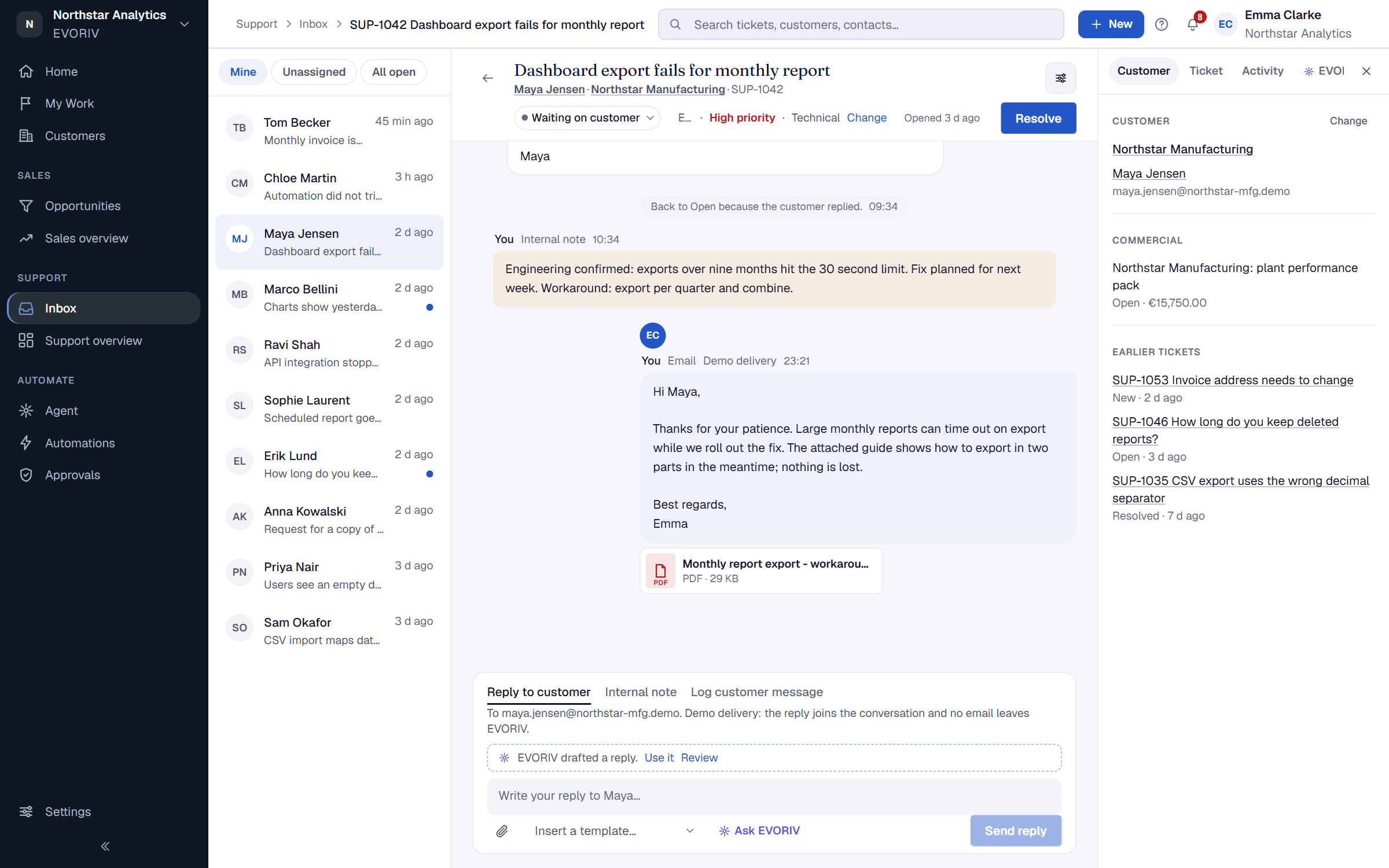 A Support ticket with the conversation, the reply box, and the customer's context in the side panel.