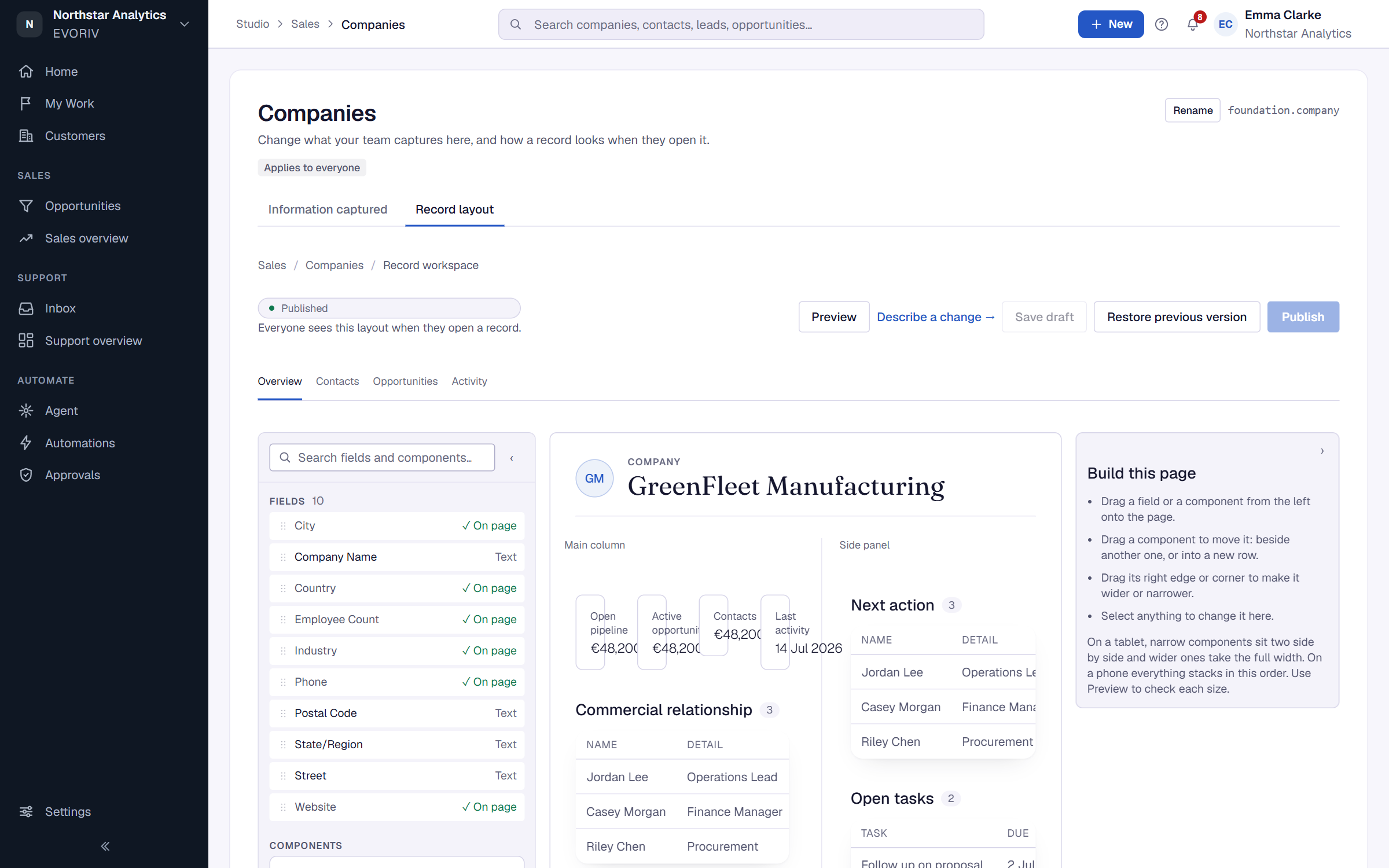 The record layout builder for the Company page, with Fields, Components and App blocks on the left and the page being arranged in the middle.