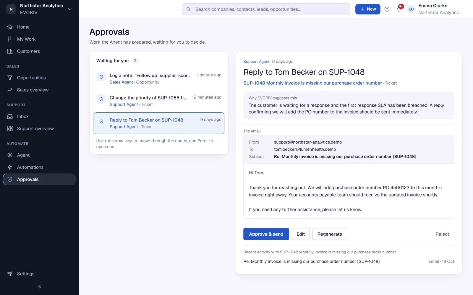 Approvals: a reply the Support Agent drafted for SUP-1048, why EVORIV suggests it, the email as it would be sent, and Approve & send, Edit, Regenerate or Reject