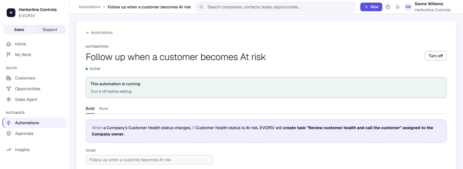 An automation read as a plan: when a Company’s Customer Health becomes At risk, create a task for the Company owner