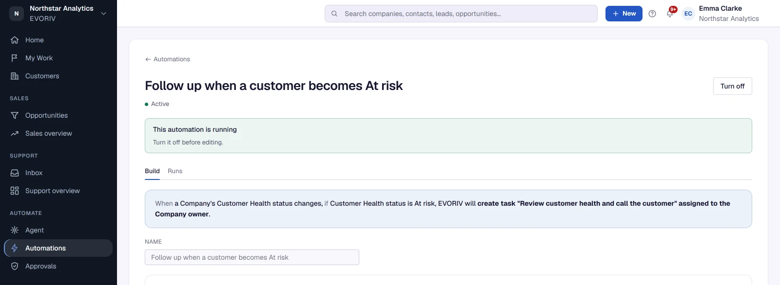 An automation read as a plan: when a Company’s Customer Health becomes At risk, create a task for the Company owner