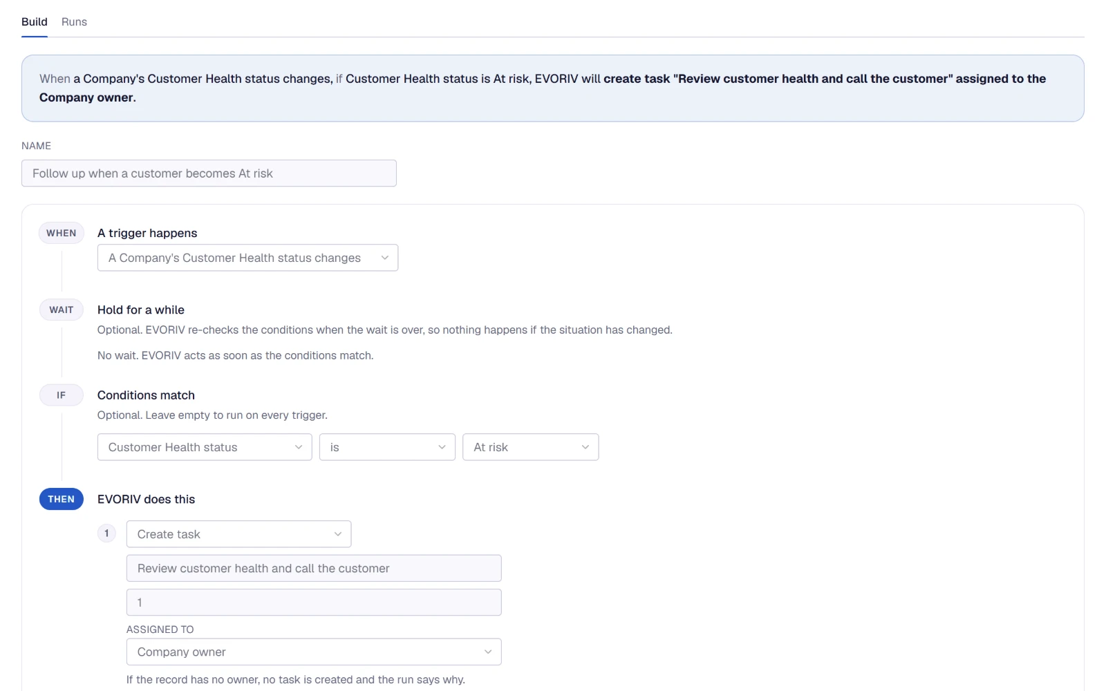 An automation read as a plain plan: when a Company's Customer Health status changes, if it is At risk, EVORIV creates the task "Review customer health and call the customer" for the Company owner