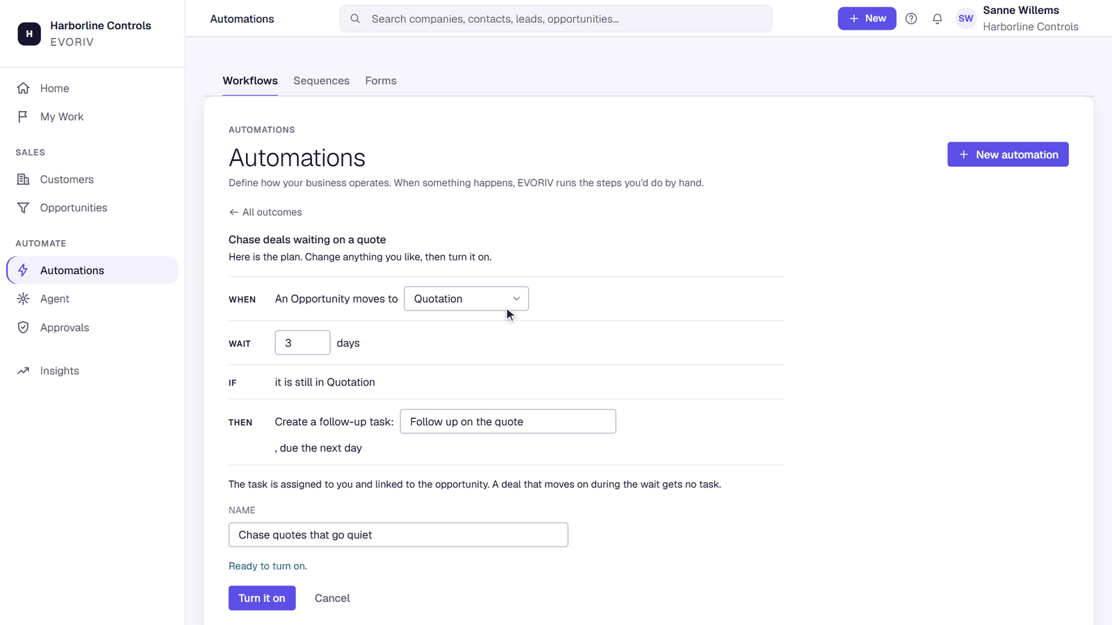An automation read as a plain plan: when, wait, if, then
