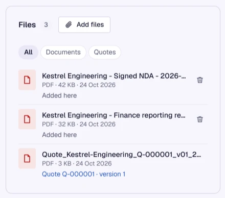 Files on Kestrel Engineering: the signed NDA and the requirements added to the company, and the issued PDF of quote Q-000001, version 1