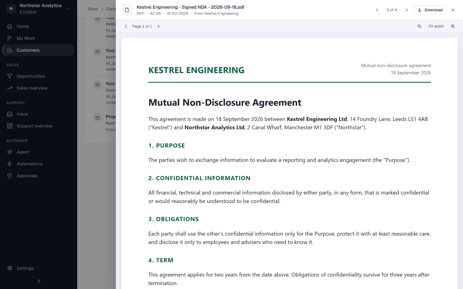 The File Viewer: Kestrel Engineering's signed NDA open in EVORIV, with its size, date and source, page controls and Download