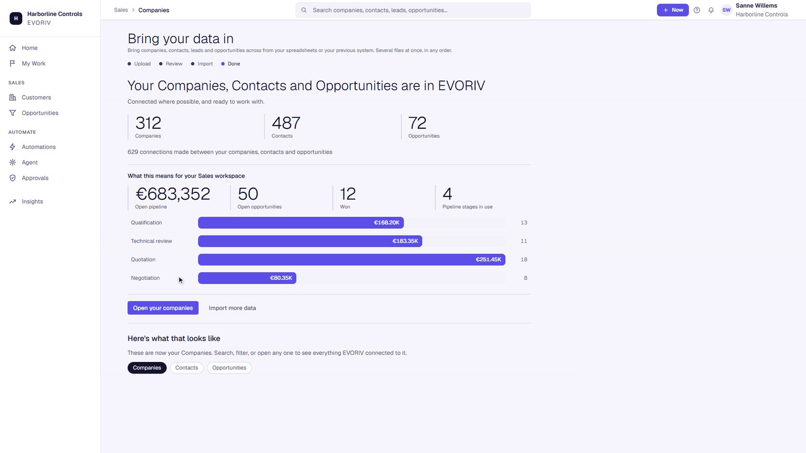 Import result with the companies, contacts and deals that came through