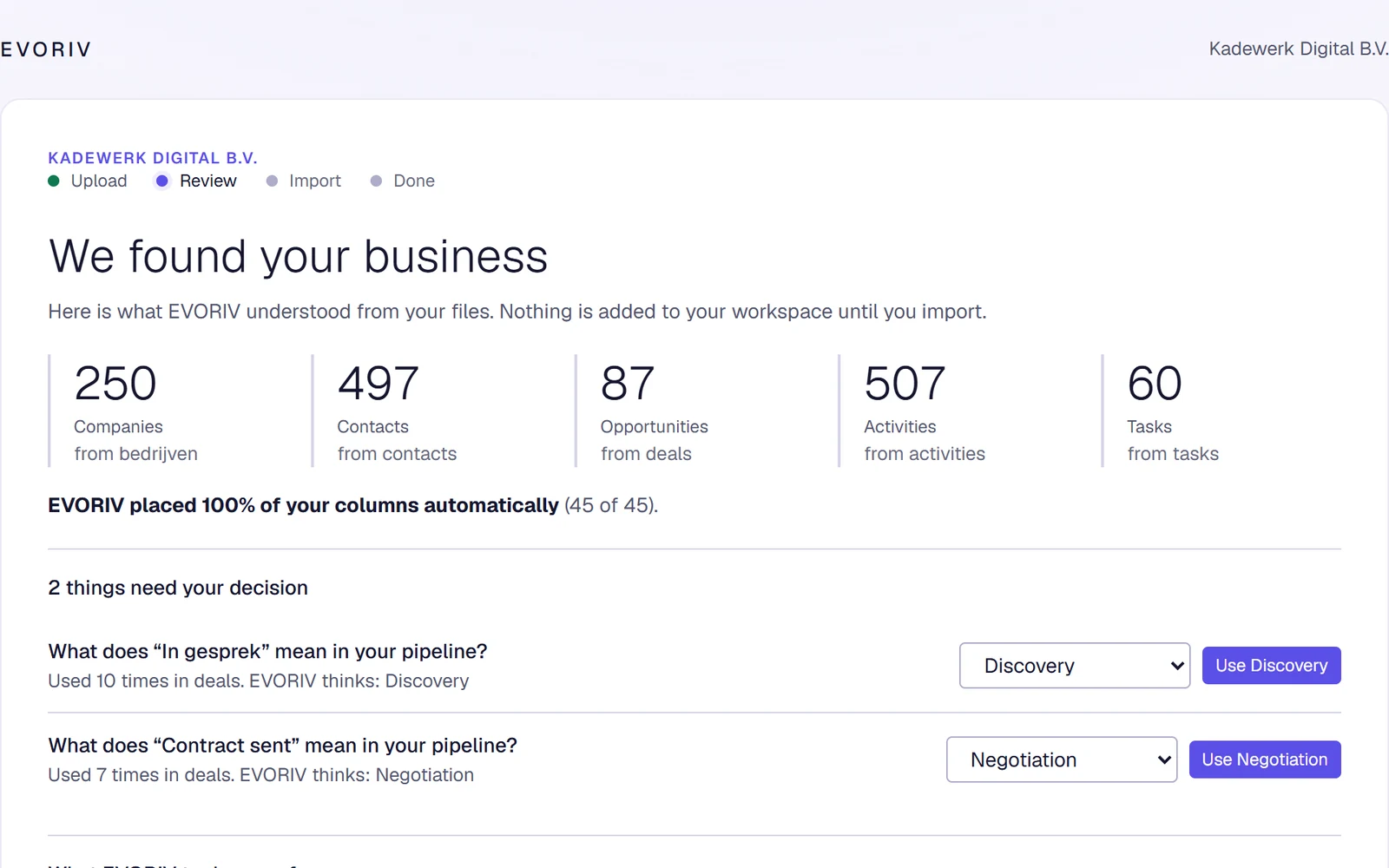 We found your business: 250 companies, 497 contacts, 87 opportunities, 507 activities and 60 tasks found, every column placed, and two questions about pipeline stages