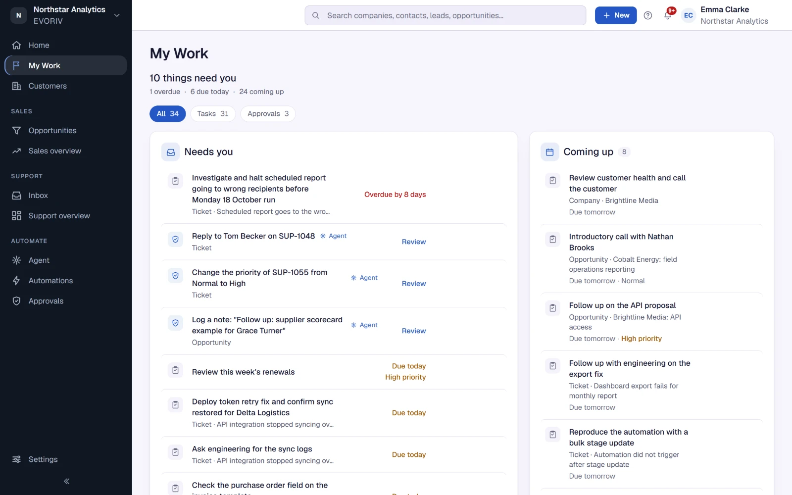 My Work: what needs you today, the tasks due and the customers who replied, and what is coming up next, each with the deal or ticket it belongs to