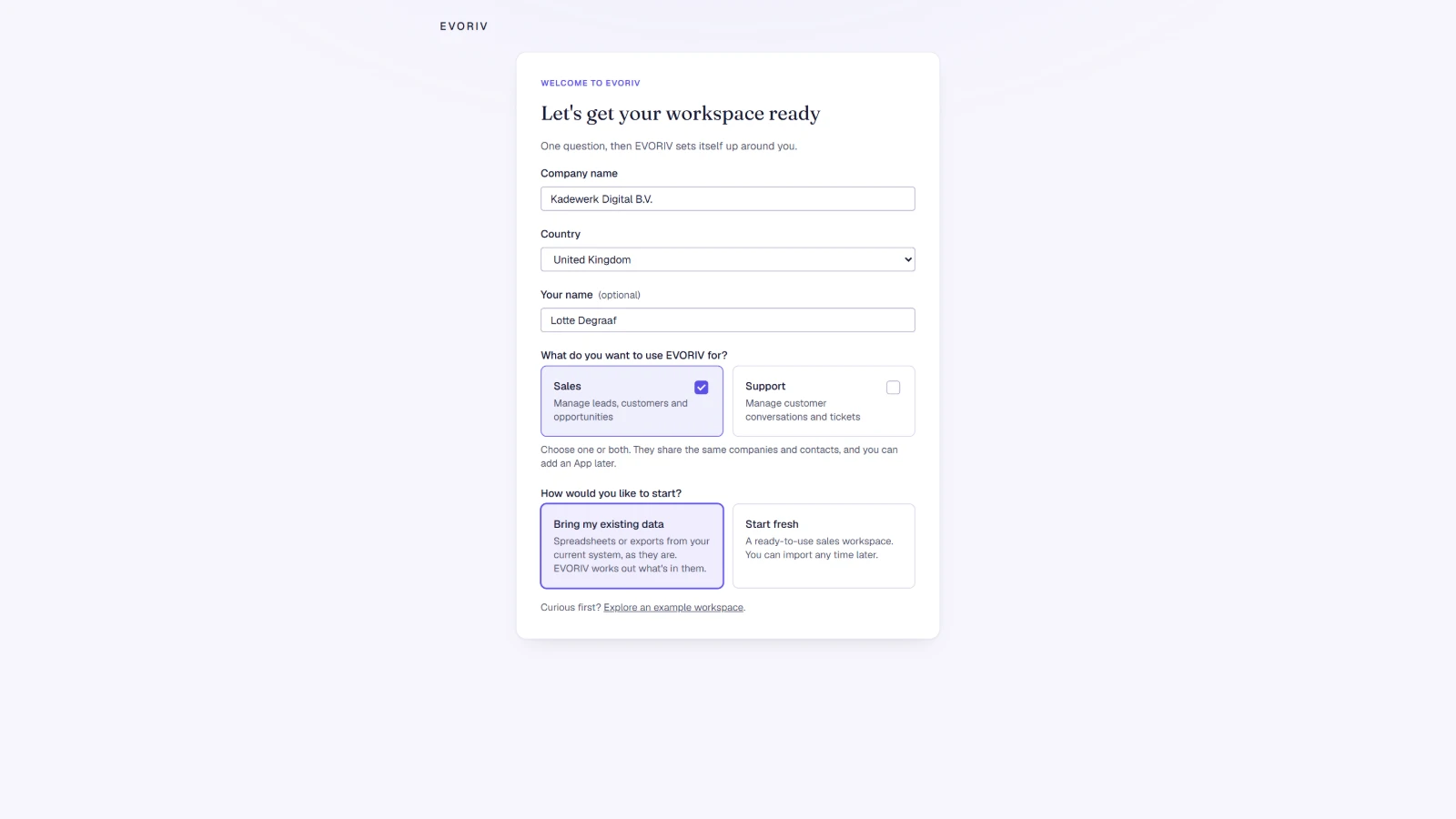 Starting EVORIV: the company name, then Bring my existing data or Start fresh