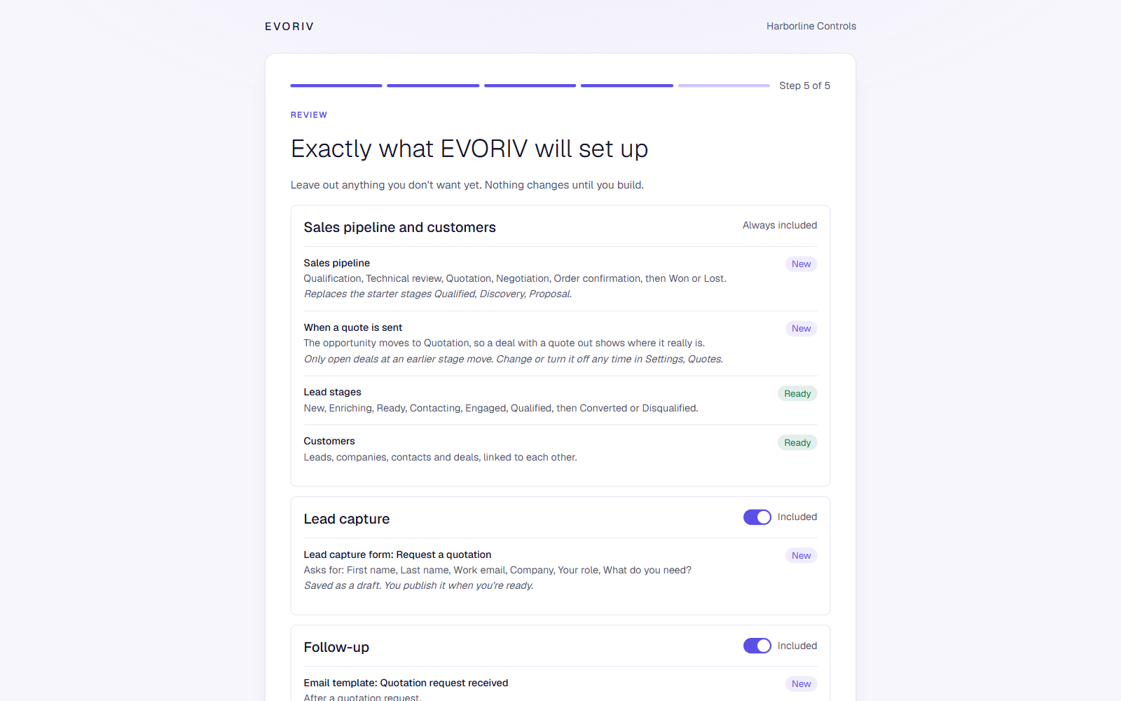 Guided setup: exactly what EVORIV will set up, item by item, before anything changes