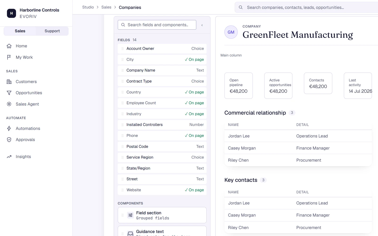 Page Builder: fields and components on the left, the Company page being composed on the right