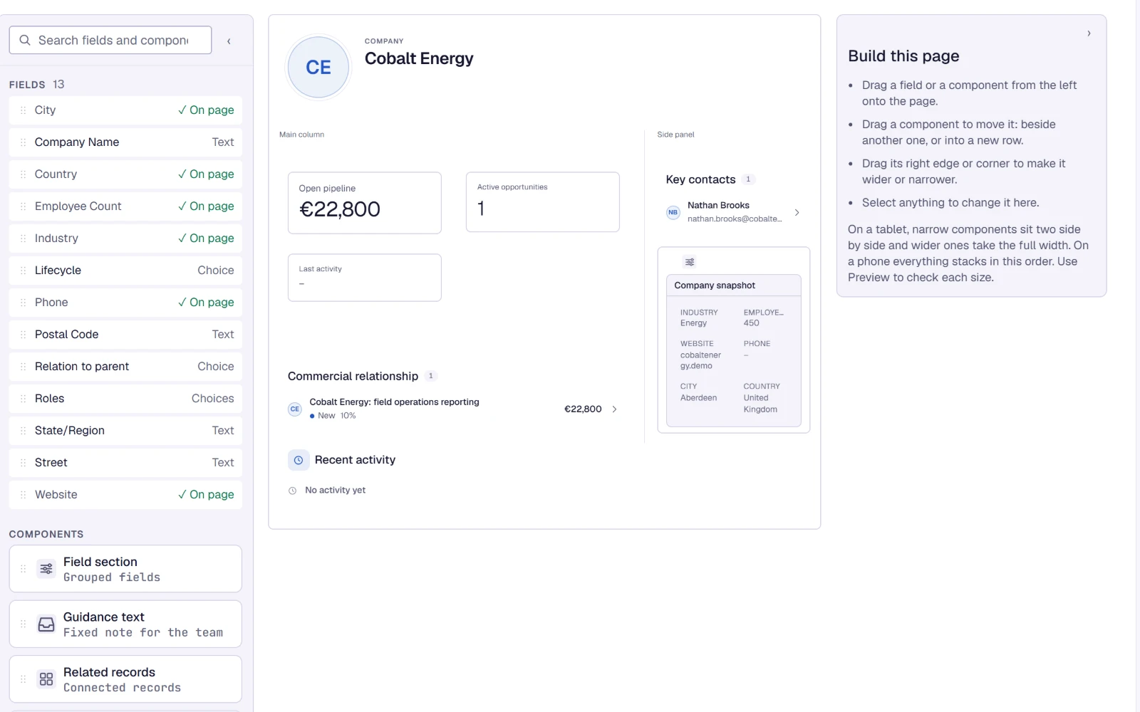 Page Builder: fields and components on the left, the Company page for Cobalt Energy laid out in the middle, with its main column and side panel, and how the page works on the right