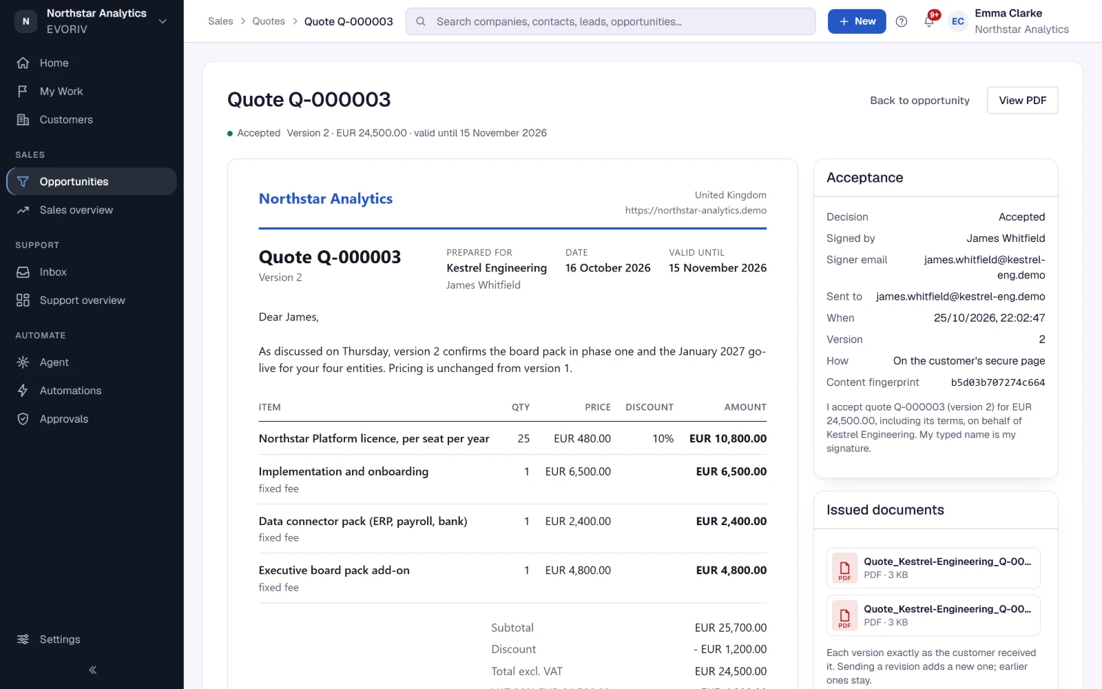 Quote Q-000003 for Kestrel Engineering, accepted online: the quote as the customer saw it and, beside it, the acceptance with the typed name, the version and the time