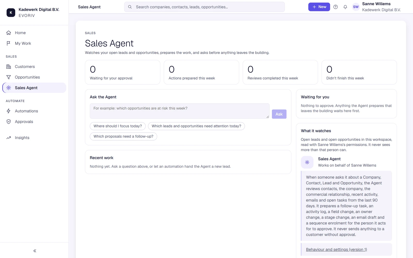 The Sales Agent in the Sales navigation, ready to answer: Where should I focus today?