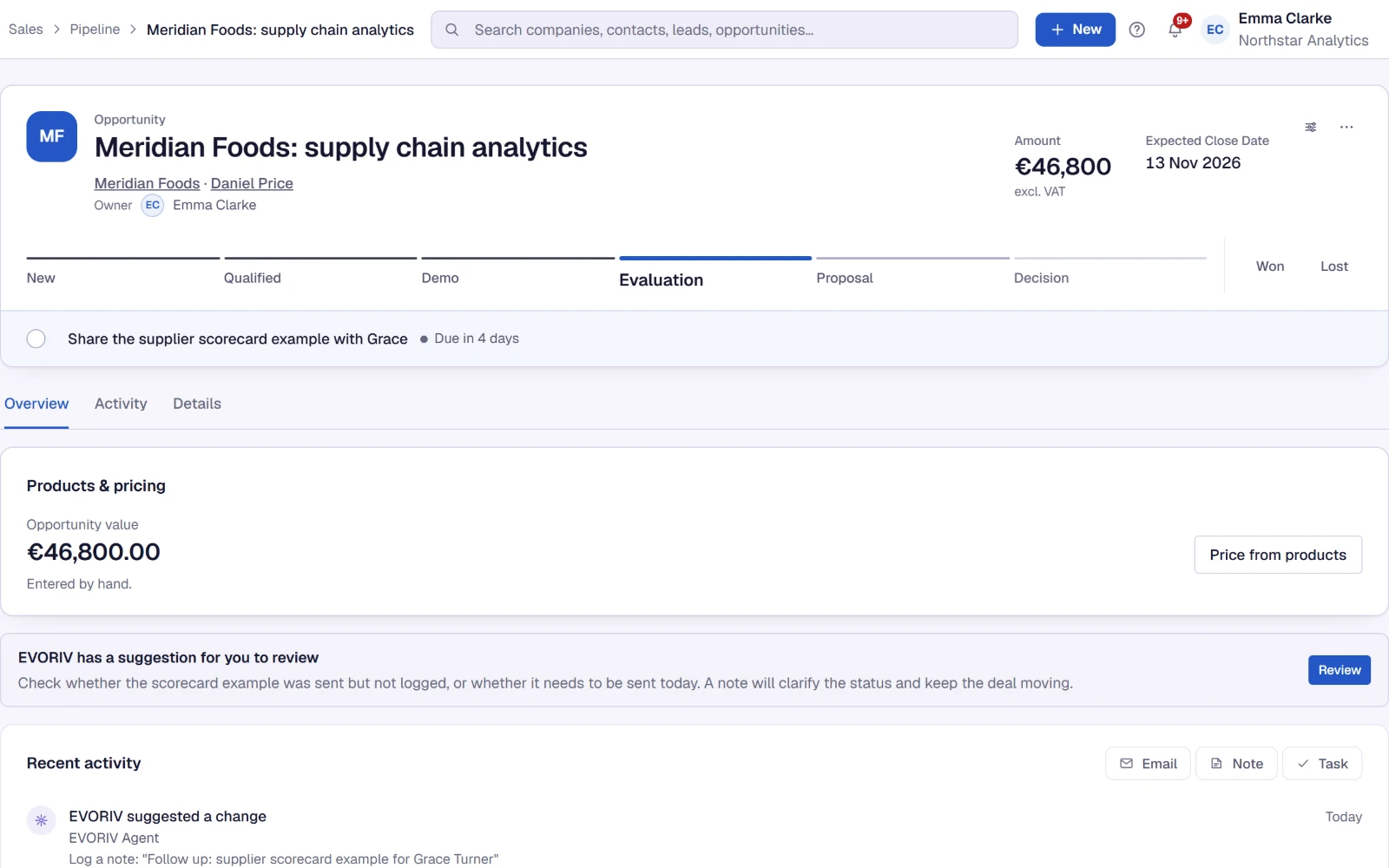 An opportunity with EVORIV's suggestion to review: the Sales Agent read the deal and its open task and prepared a note, which waits for a person's approval