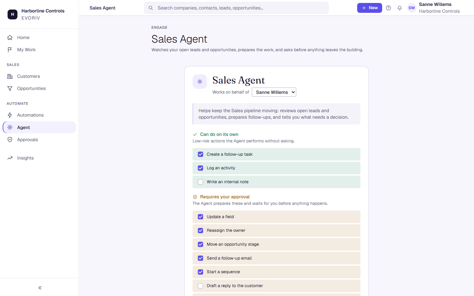 The Sales Agent: what it may do on its own and what waits for a person to approve