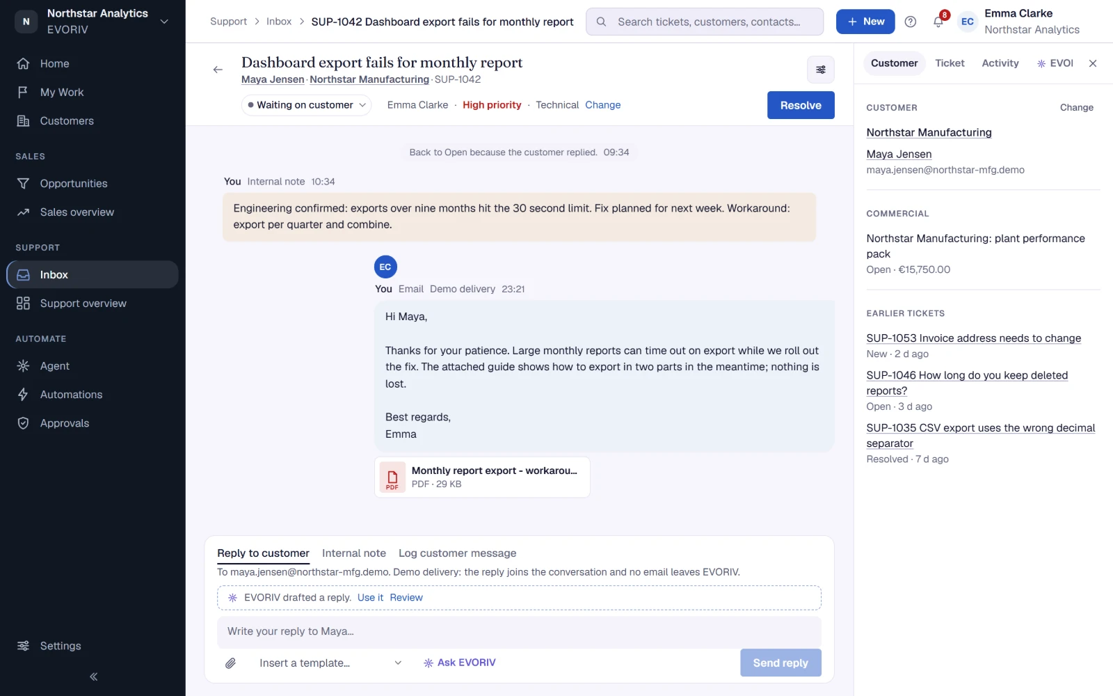 A Support ticket in EVORIV: an internal note for the team, the reply sent with a PDF guide attached, and beside it the customer's company, their open deal and earlier tickets