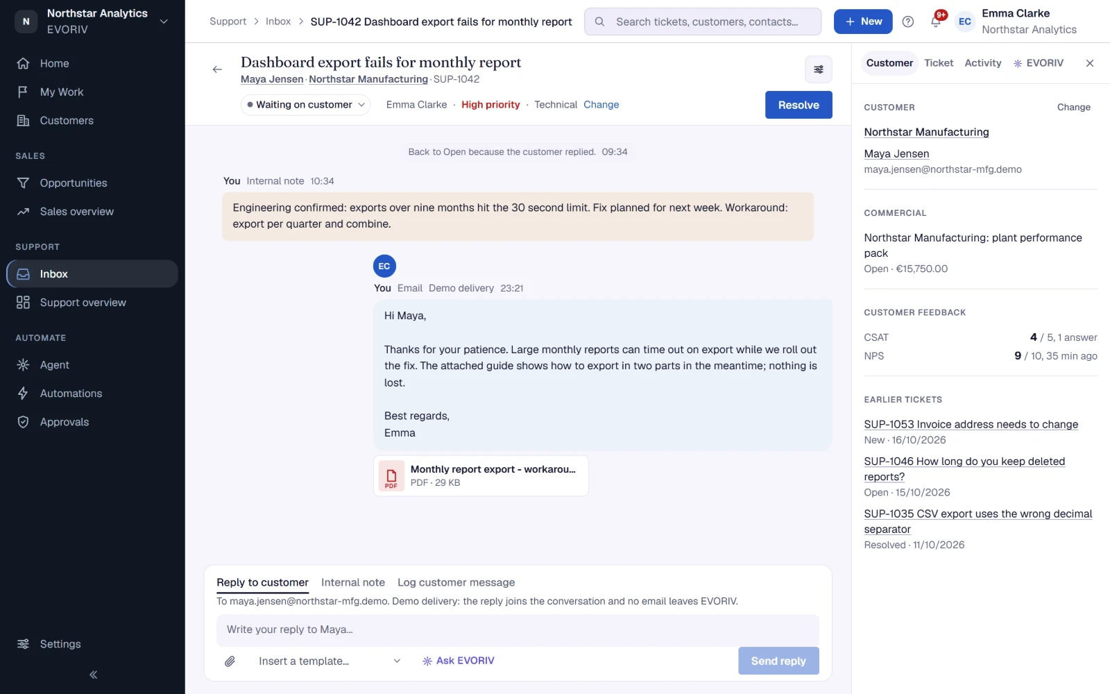A Support ticket in EVORIV: an internal note for the team, the reply sent with a PDF guide attached, and beside it the customer's company, their open deal and earlier tickets